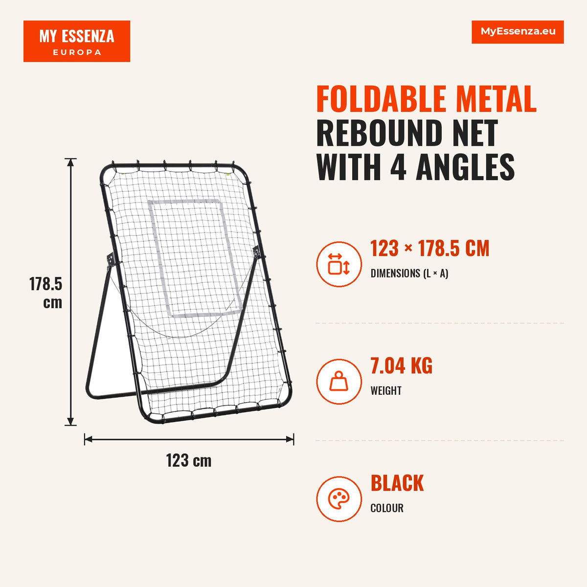Rede de Rebote Dobrável de Metal com 4 Ângulos e Altura Ajustável para Treinamento de Futbol Tênis Béisbol Desportos 123x73x178,5cm Preto — Infografia | Infographic — dimensions