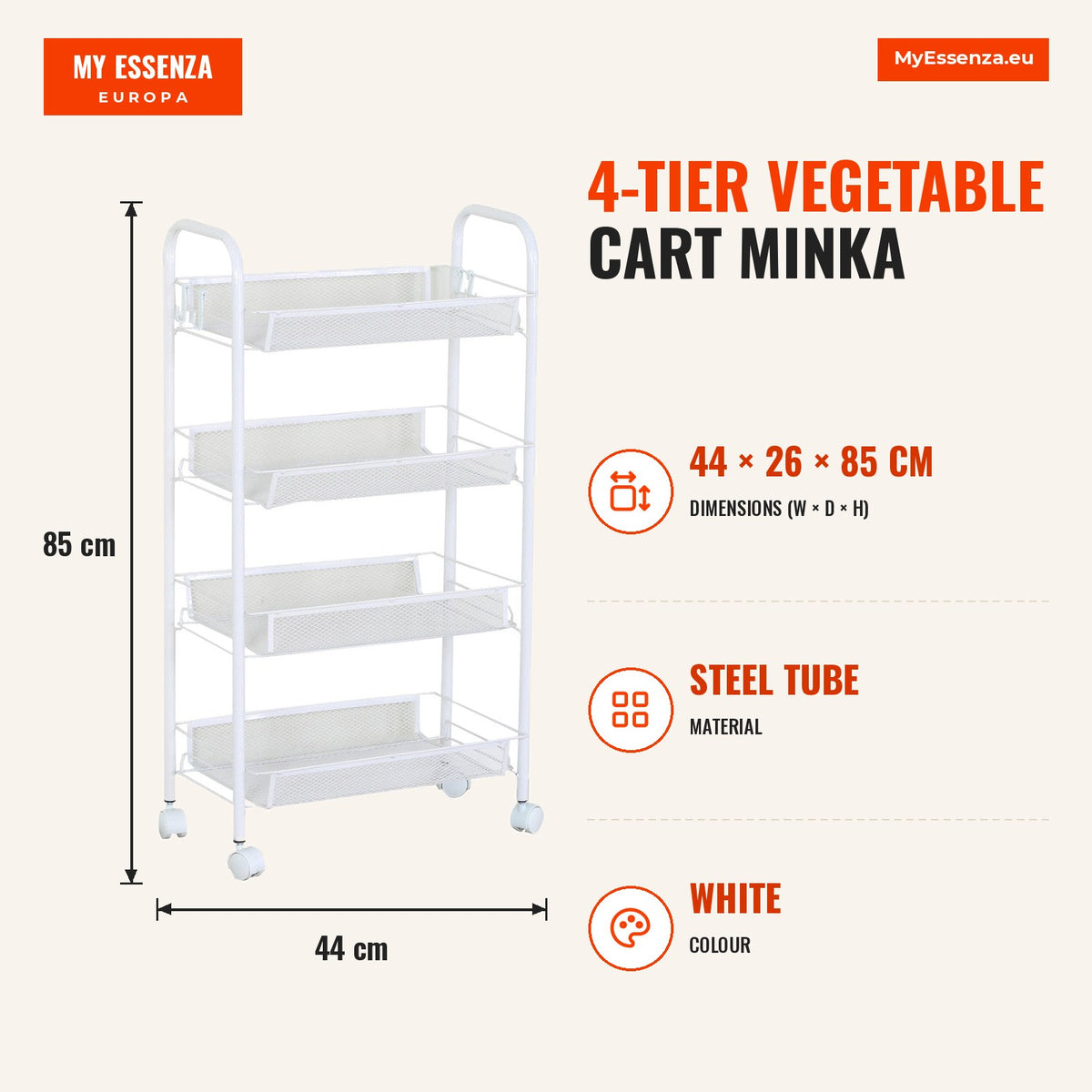 Carrinho Verdureiro 4 Prateleiras Minka — Branco — Infografia | Infographic — dimensions