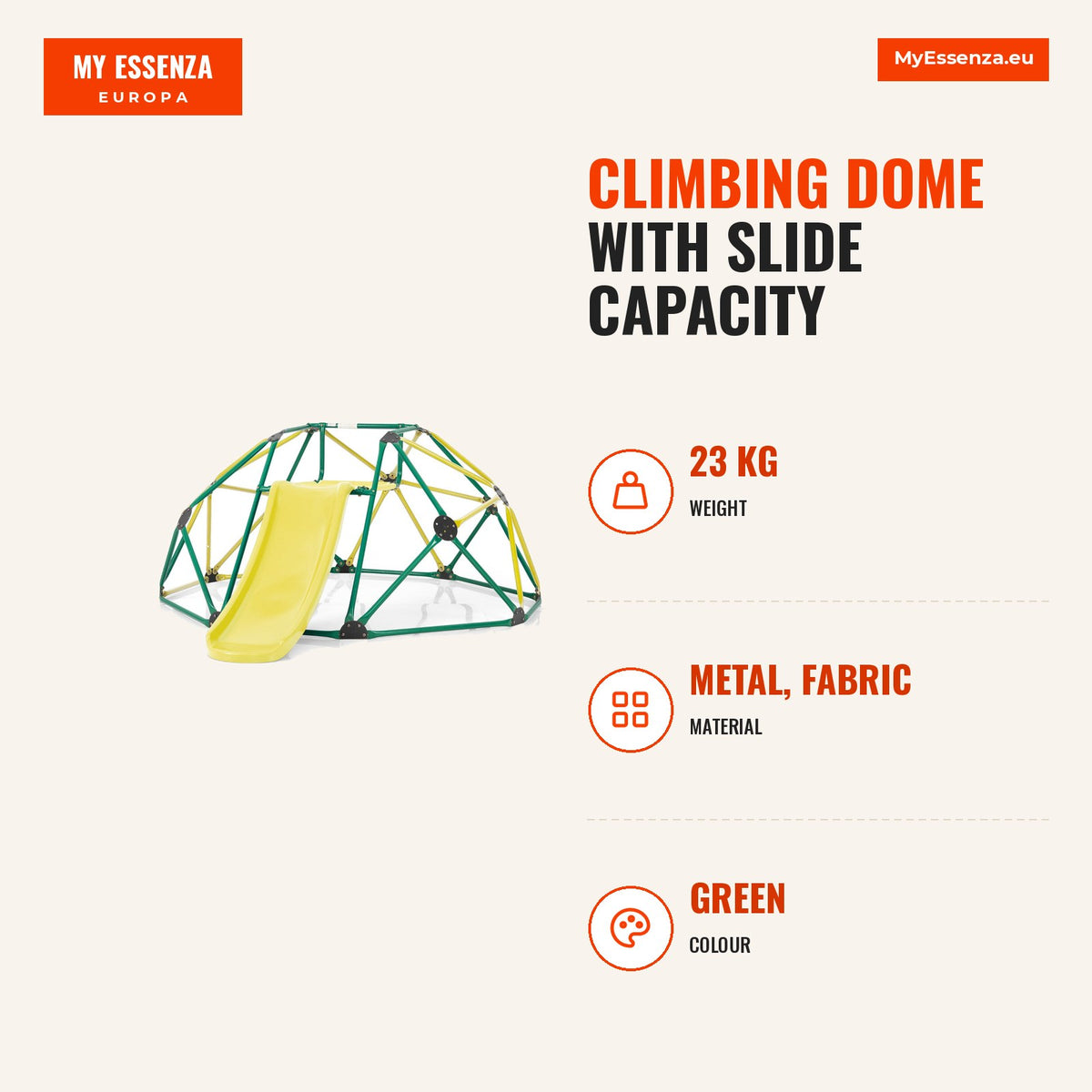 Cúpula de Escalada com Escorregador Capacidade 181 kg Parque Infantil Interior Exterior Verde — Infografia | Infographic — dimensions