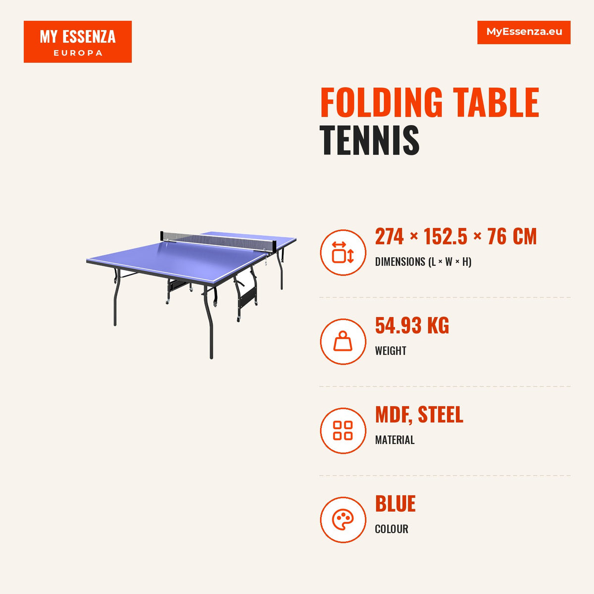 Mesa de Ping Pong Dobrável Mesa de Ping Pong Profissional de Tamanho Padrão com Rodas Inclui 2 Raquetes e 3 Bolas para Interior 274x152,5x76 cm Azul — Infografia | Infographic — dimensions