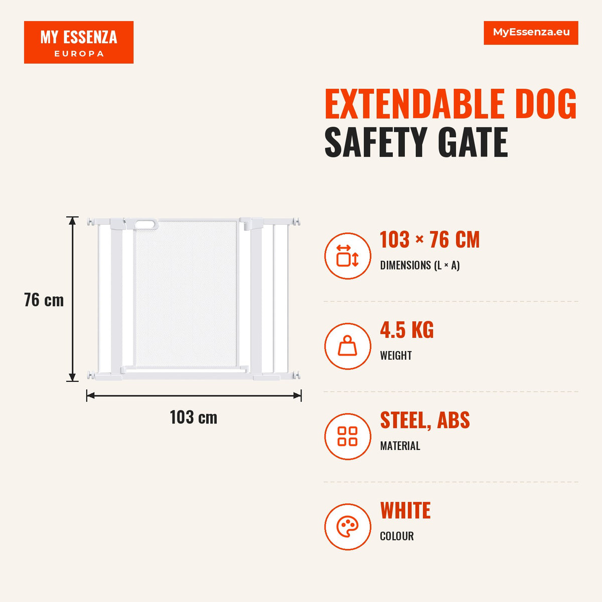 Barreira de Segurança para Cães Extensível 75-103 cm Barreira para Escada e Portas com 2 Extensões Duplo Bloqueio Fechamento Automático Branco — Infografia | Infographic — dimensions