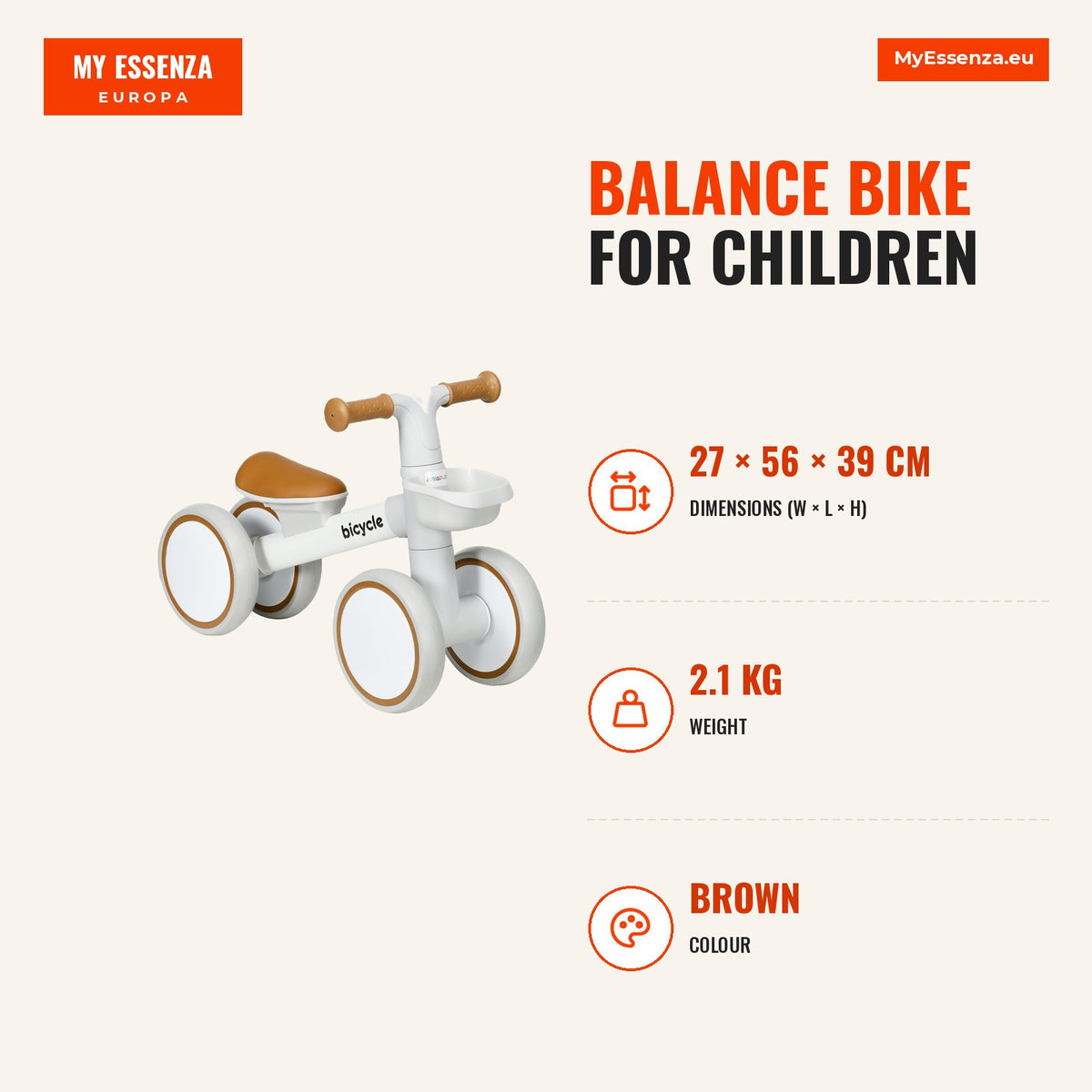 Bicicleta sem Pedais para Crianças de 12-36 Meses Bicicleta de Equilíbrio com Assento Ajustável Cesta e 4 Rodas Silenciosas Carga 20 kg 56x27x39 cm Ma — Infografia | Infographic — dimensions