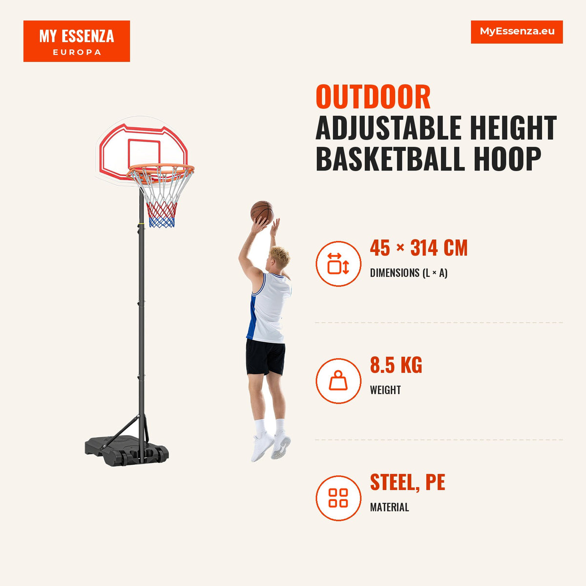 Tabela de Basquetebol para Exterior com Altura Ajustável 258x314 cm Cesta de Basquetebol com Rodas Base Recaregável para Adolescentes e Adultos Preto  — Infografia | Infographic — dimensions