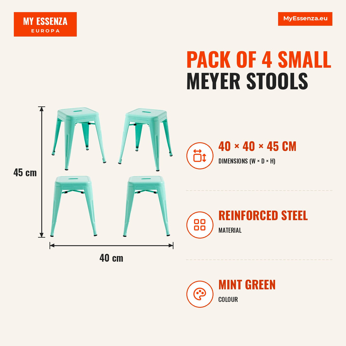 Pack 4 Bancos Meyer Pequenos 45 cm — Verde hortelã — Infografia | Infographic — dimensions