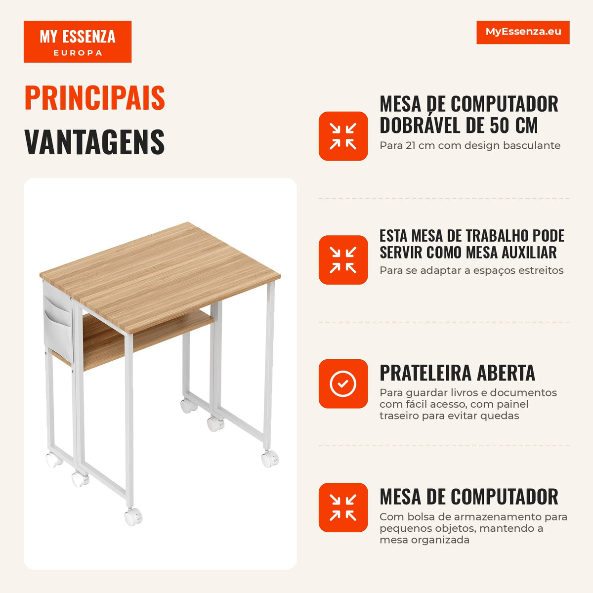 Mesa Dobrável com Rodízios 63x50 cm com Prateleira e Bolsa de Armazenamento Madeira Natural — infografia 1