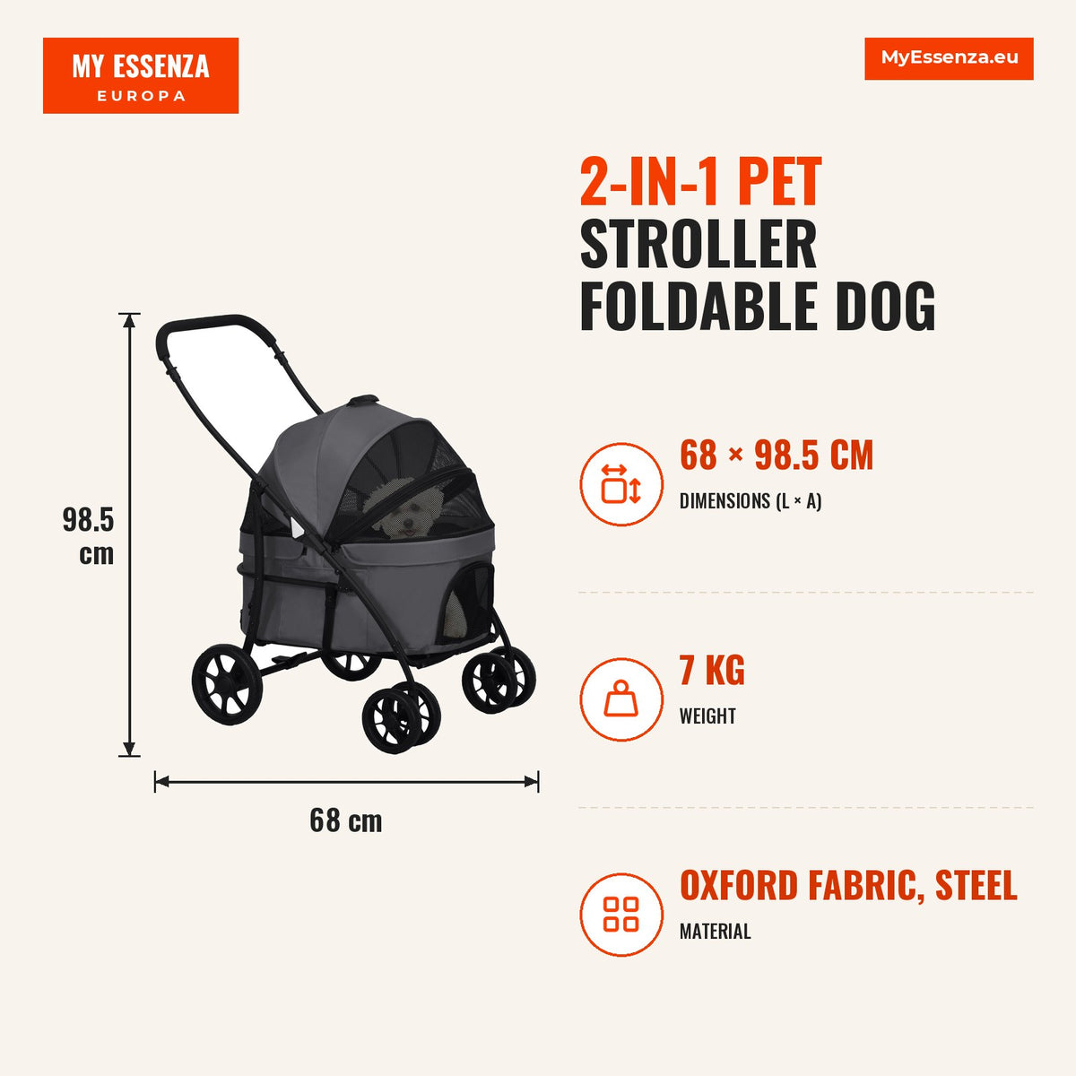 Carrinho para Animais de Estimação 2 em 1 Carrinho para Cães Dobrável com 2 Correias de Segurança Almofadado e Estrutura de Aço 81x68x98,5 cm Cinza Es — Infografia | Infographic — dimensions