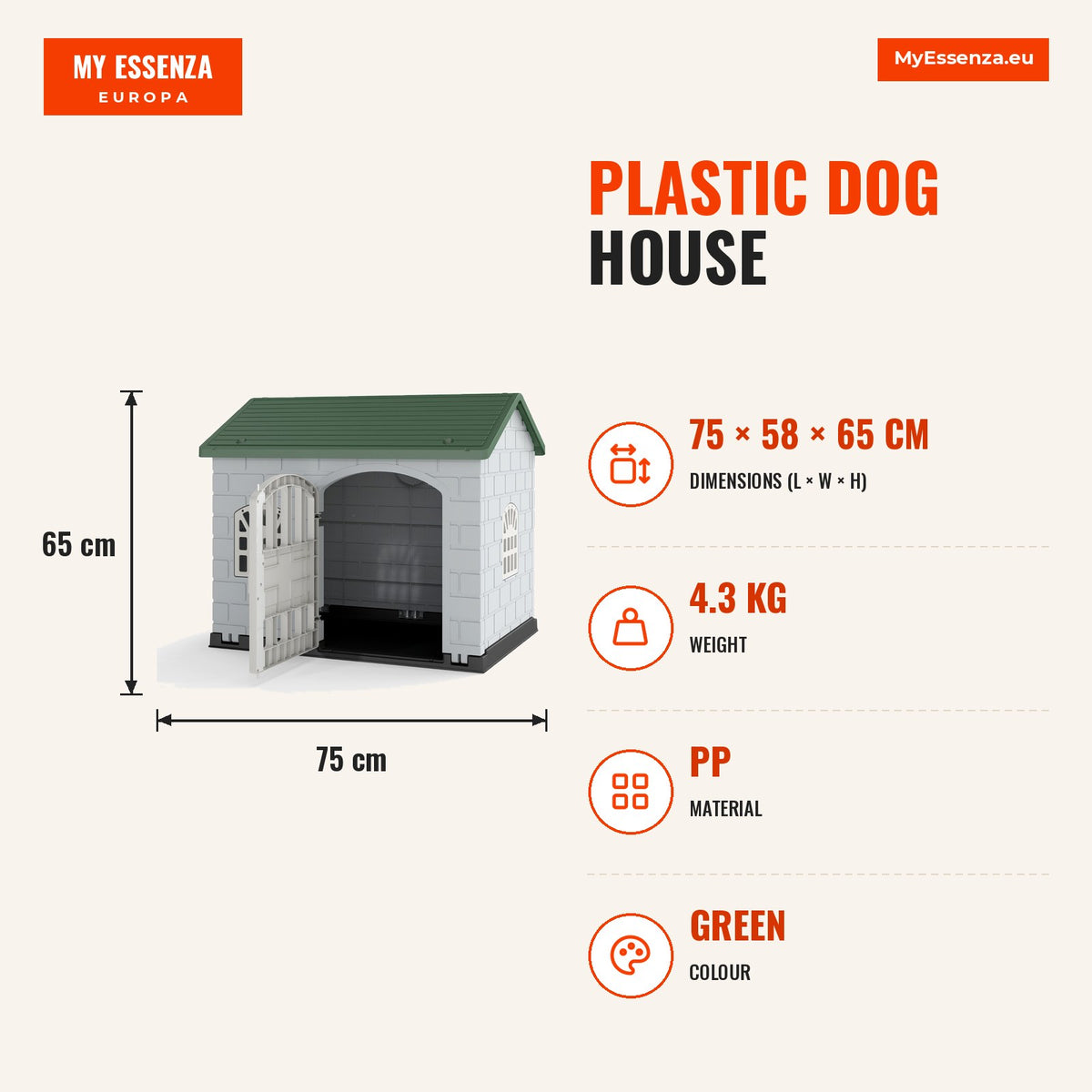 Casa de Plástico para Cães com 3 Janelas e Porta com Fechadura 75 x 58 x 65 cm Verde — Infografia | Infographic — dimensions