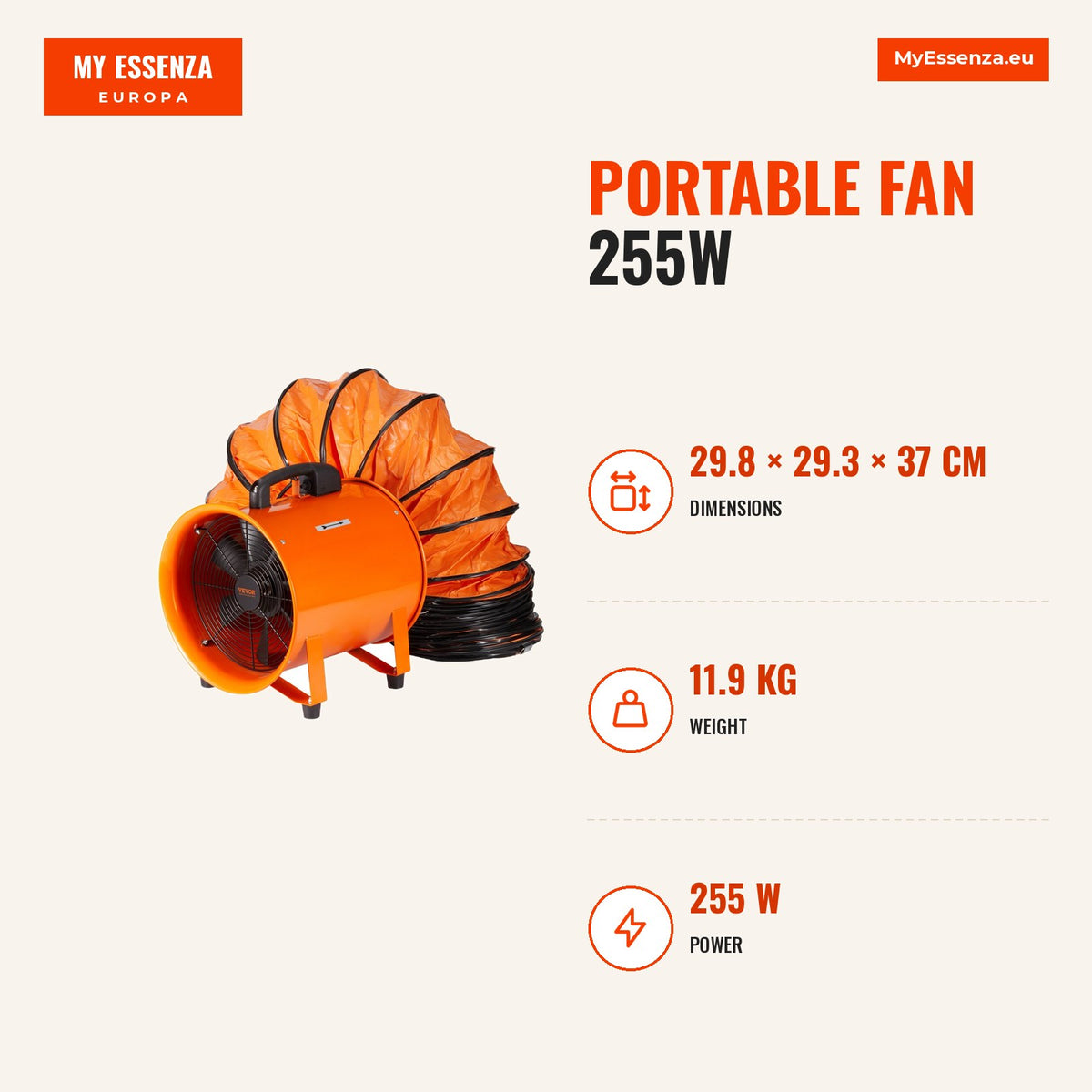 Ventilador portátil 255W, 29,8x29,3x37 cm, 11,9 kg, mangueira 5 m — Infografia | Infographic — dimensions
