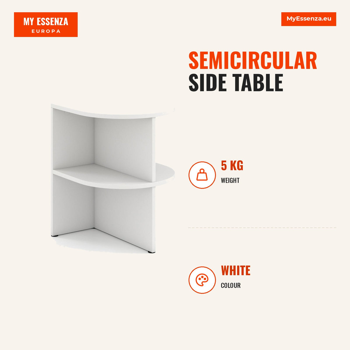 Mesa Auxiliar Semirredonda 2 Níveis com Estantes | Branco — Infografia | Infographic — dimensions