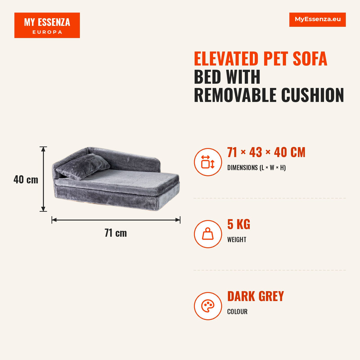 Cama-Sofá Elevada para Animais de Estimação com Almofada Removível e Encosto Alto 71x43x40 cm Cinzento Escuro — Infografia | Infographic — dimensions
