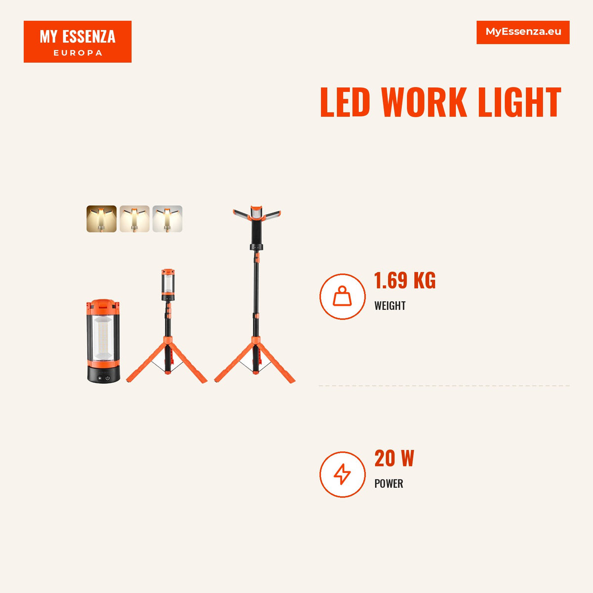 Luz trabalho LED 2200 lumens 6Ah, tripé destacável — Infografia | Infographic — dimensions