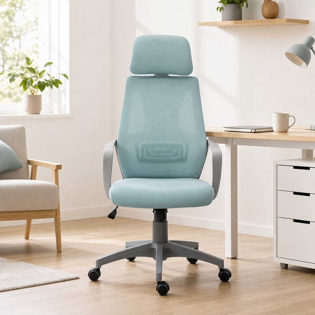 Cadeira de escritório ergonômica Cadeira de mesa inclinável ajustável em altura com encosto de braço Encosto de cabeça 5 rodas Suporta até 120 kg 64x58x116-126 cm Azul — Ambiente | Lifestyle