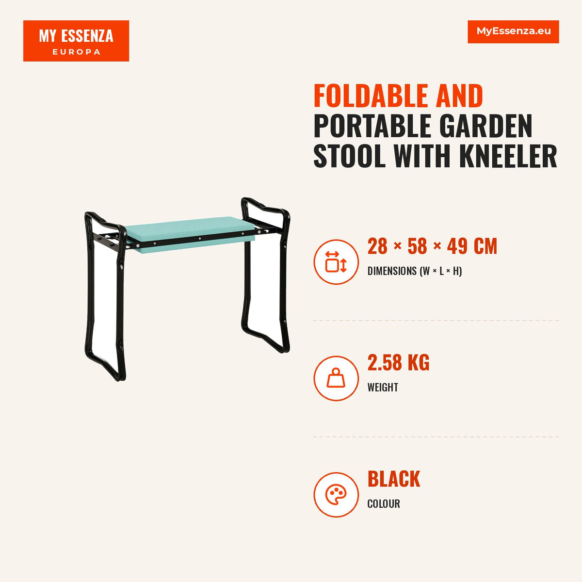 Banco de Jardim Dobrável e Portátil Banco de Jardim com Joelheira para Jardinagem com Almofadas de Espuma EVA para Proteger seus Joelhos e Roupas 58x2 — Infografia | Infographic — dimensions