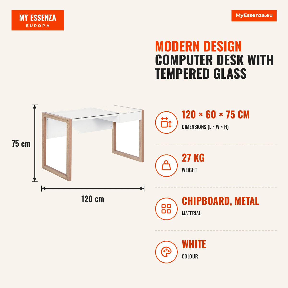 Secretária para escritorio estudo Design moderno com tampo de vidro temperado Gaveta Combinação de estilos 120x60x75 cm branco — Infografia | Infographic — dimensions