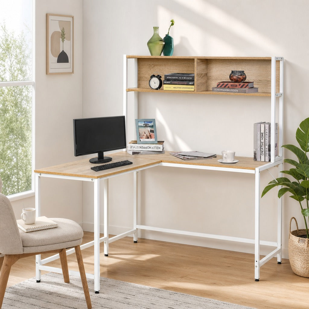 Secretária em Forma de L Multifuncional Secretária para Escritório ou Estúdio com Prateleiras Altas Amplo Espaço Estilo Minimalista 140x125x149cm Madeira e Branco — Ambiente | Lifestyle