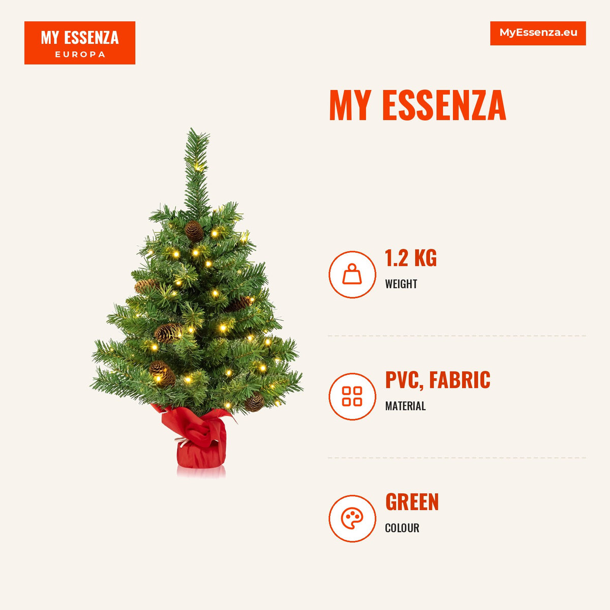Árvore de Natal Mesa 64cm LED 50 Luzes 8 Modos Base Cimento Verde — Infografia | Infographic — dimensions