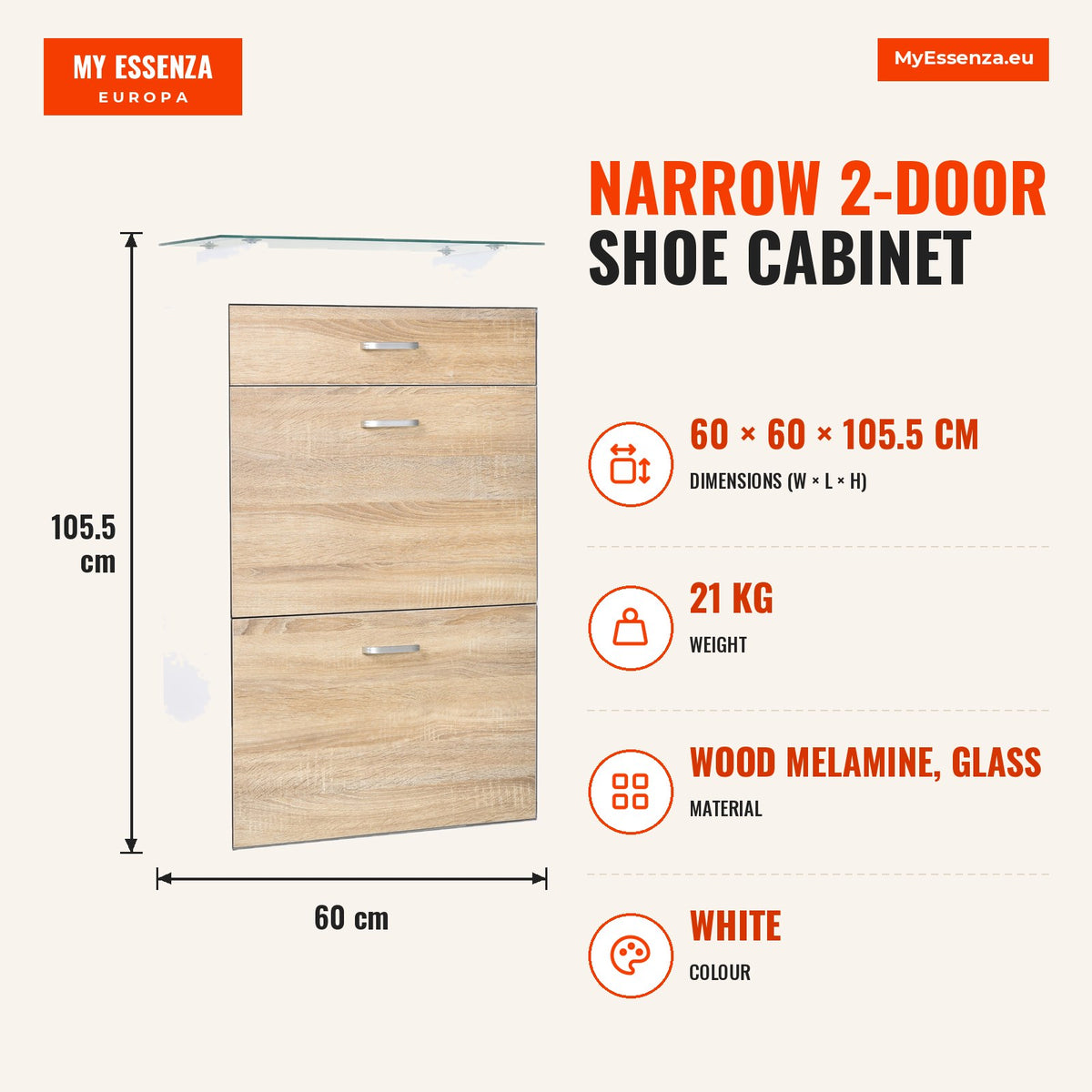 Móvel Sapateira de 2 Portas Sapateira Estreita para 12 Pares de Sapatos com Gaveta Prateleira Aberta e Bancada de Vidro para Corredor Entrada Carga Má — Infografia | Infographic — dimensions