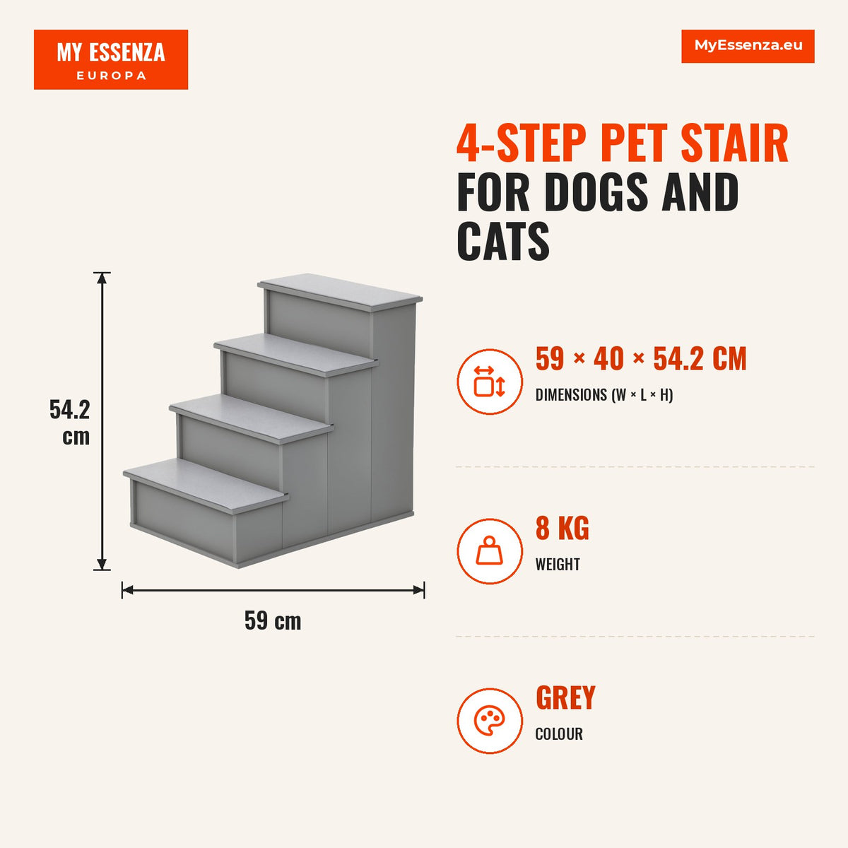 Escada para Animais de Estimação de 4 Degraus Escada para Cães e Gatos com Tapetes Antideslizantes Removíveis Carga 30 kg para Cama Sofá 40x59x54,2 cm — Infografia | Infographic — dimensions