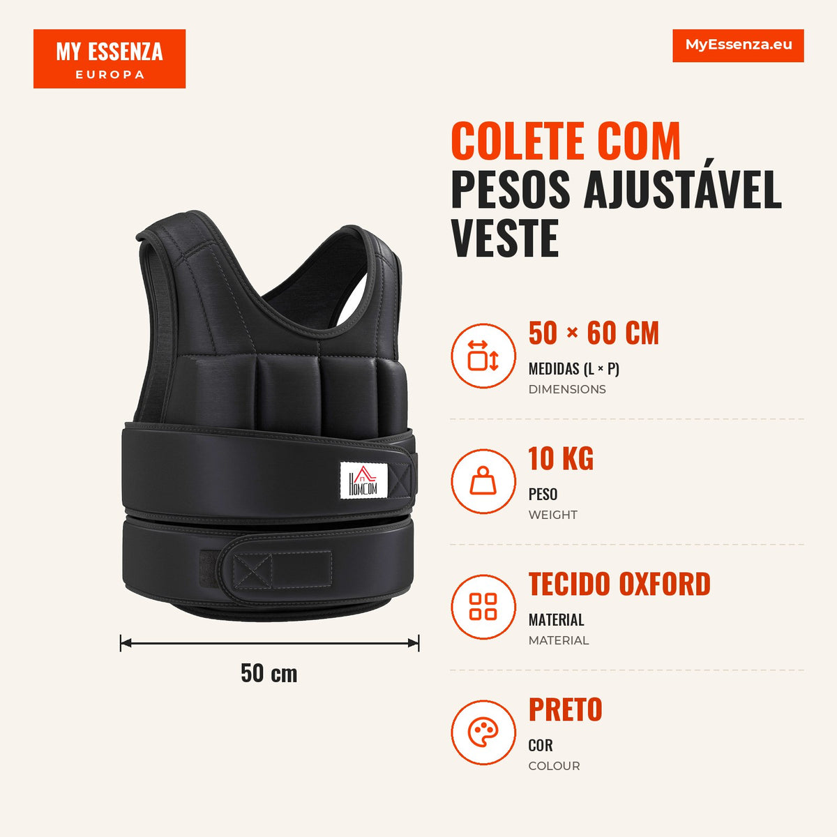 Colete com Pesos Ajustável Veste com Pesos 10 Kg Máx. Pesos Removíveis Treino Musculação Exercício Boxe Oxford 50x60cm Preto — infografia 1