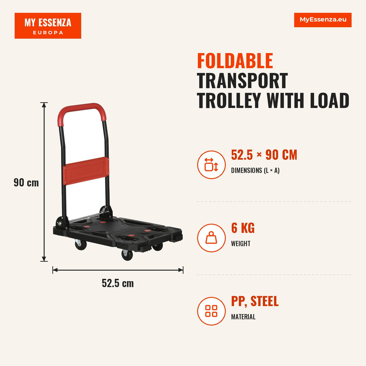 Carro de Transporte Dobrável Carro de Mão com Carga Dobrável com Rodas e Freios 70x52,5x90cm Preto e Vermelho — Infografia | Infographic — dimensions