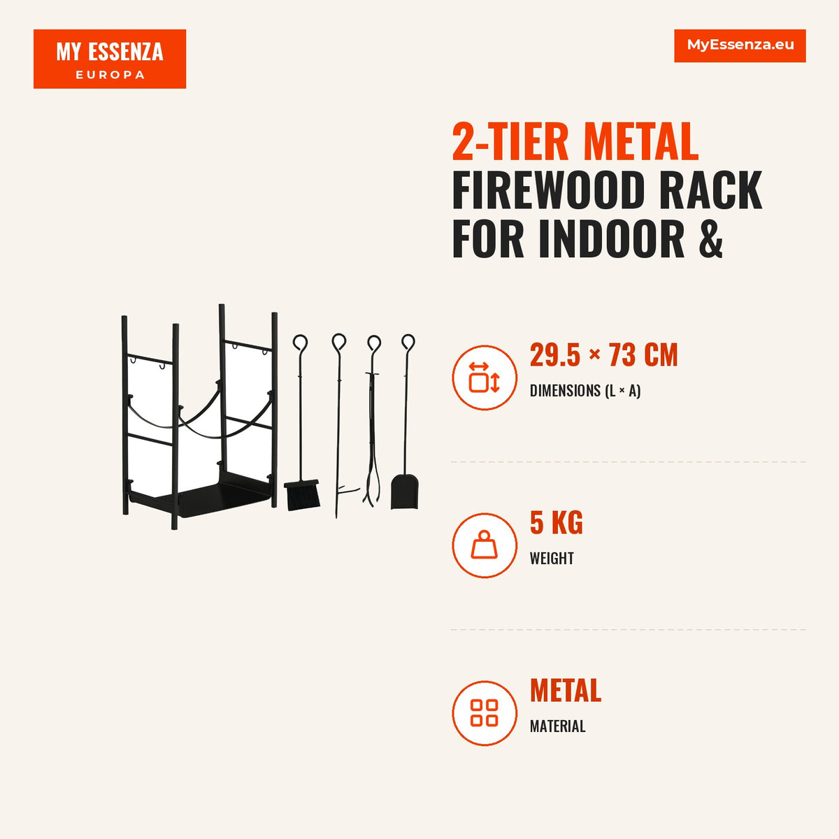 Suporte para Lenha de 2 Níveis Porta Lenha Exterior e Interior Metálico com 4 Ferramentas para Lareira Carga Máx. 70kg 44,5x29,x73 cm Preto — Infografia | Infographic — dimensions