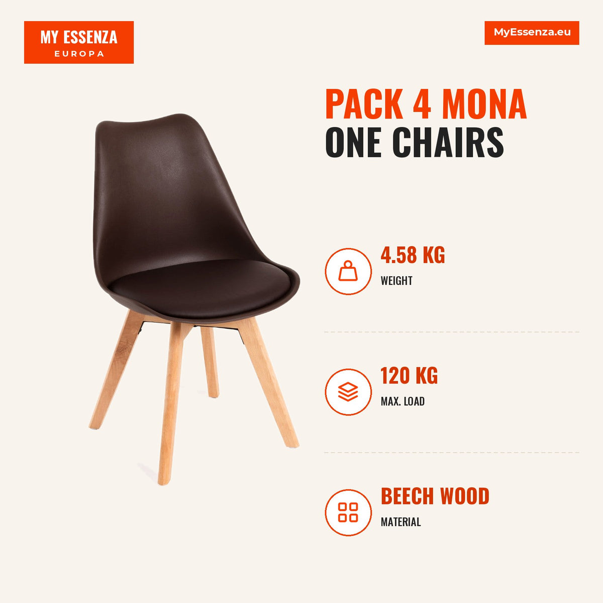 Pack 4 Cadeiras Mona One — Marrom — Infografia | Infographic — dimensions