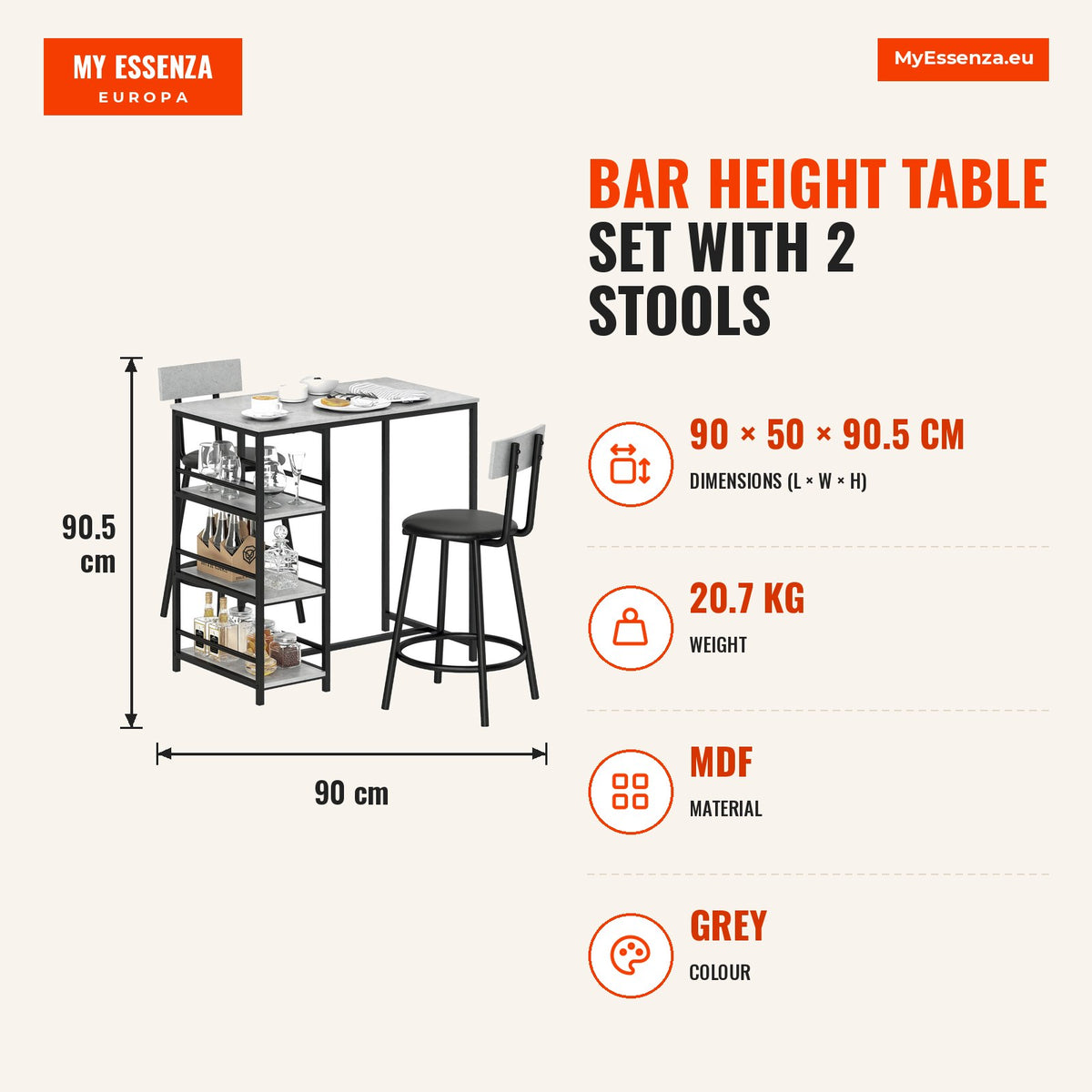 Conjunto de Mesa Alta de Bar com 2 Bancos Mesa Alta de Cozinha com Bancos Prateleiras Laterais Assento Acolchoado e Barra para Descanso dos Pés Cinza  — Infografia | Infographic — dimensions