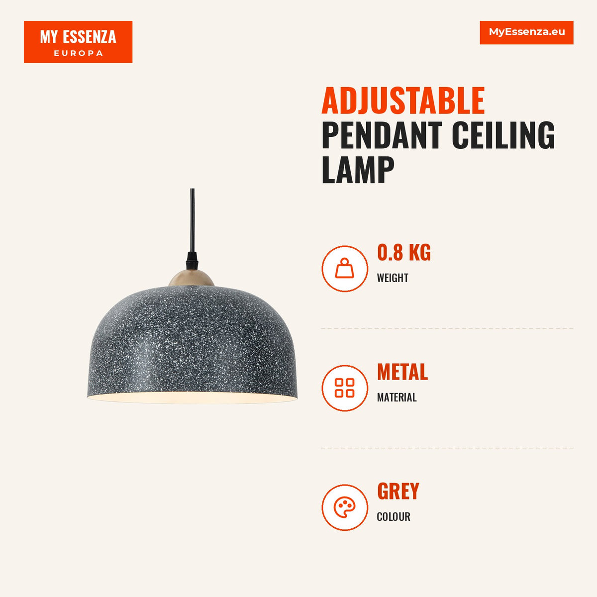 Candeeiro de Teto Pendente Ajustável E27 60W Diâmetro 25cm Metal Cinzento — Infografia | Infographic — dimensions