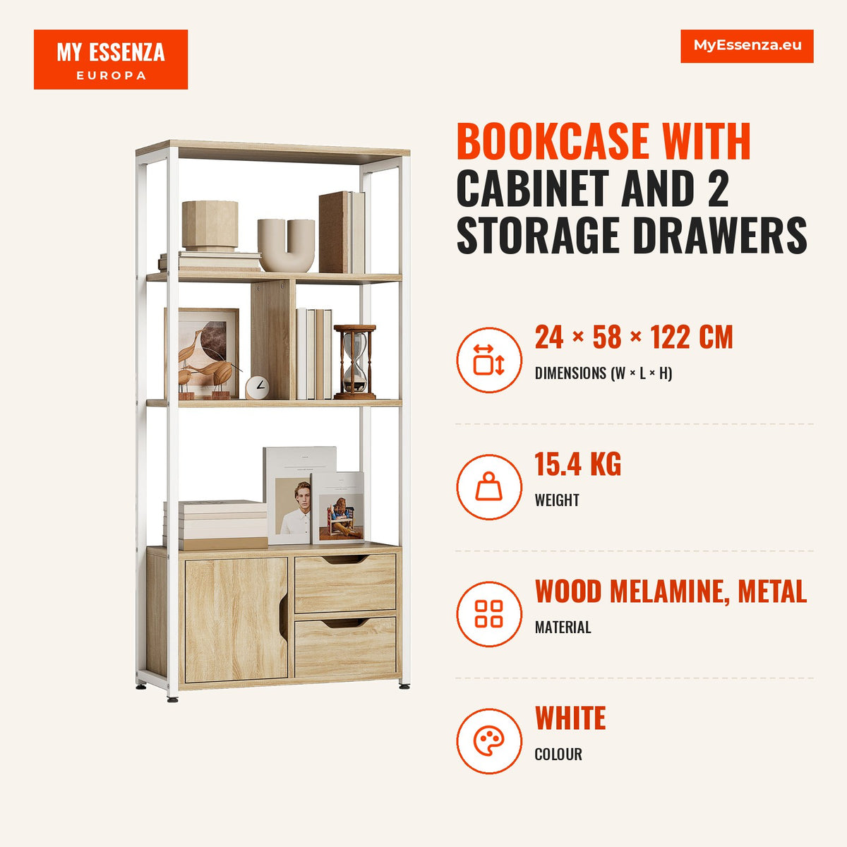 Estante para Livros com Armário e 2 Gavetas de Armazenamento Estante Decorativa Escritório Sala de Estar 58x24x122 cm Madeira e Branco — Infografia | Infographic — dimensions