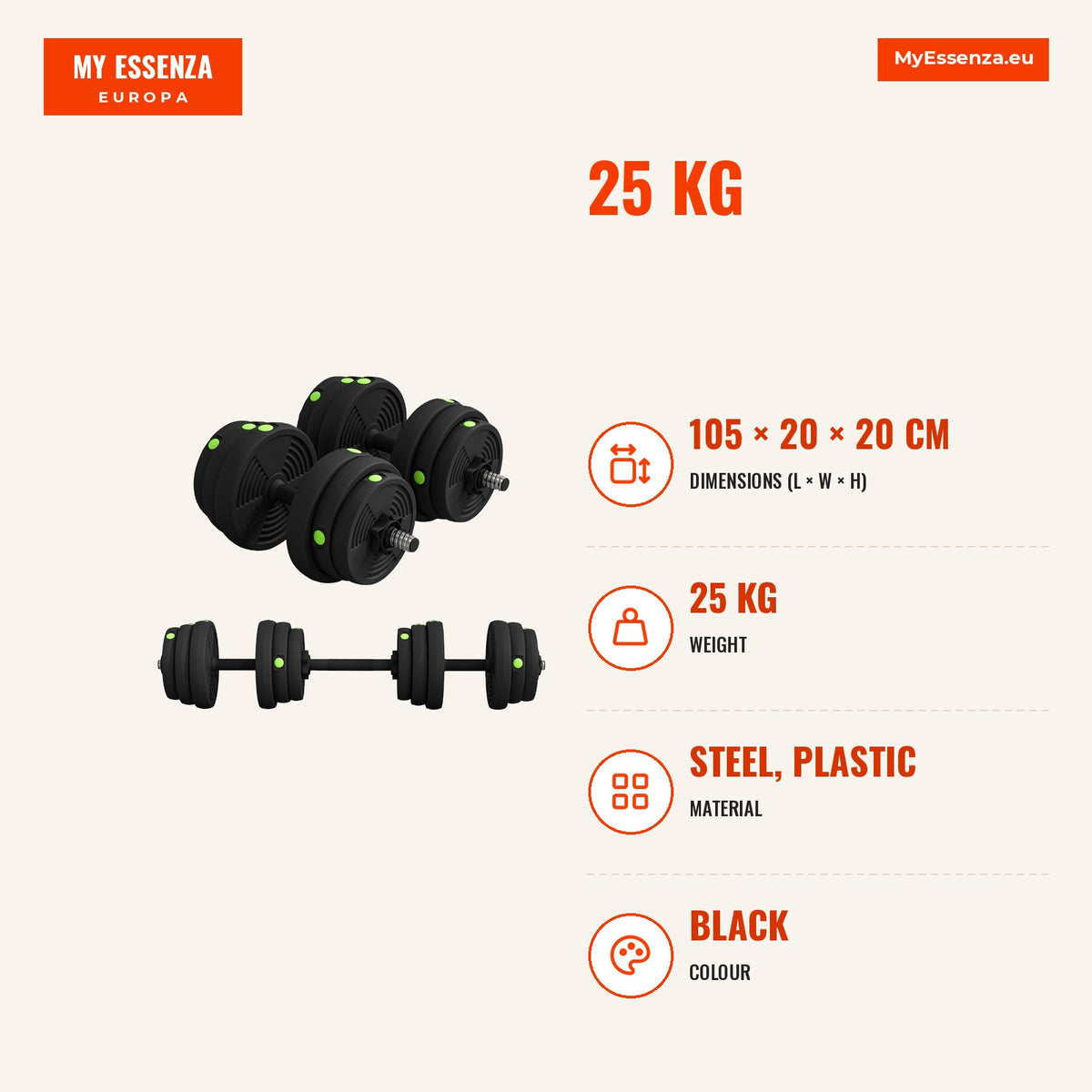 Conjunto de Halteres 25 kg 2 em 1 Conjunto de Pesos com Barra e Pega Antiderrapante para Treino de Força em Casa Ginásio Escritório Preto e Verde — Infografia | Infographic — dimensions