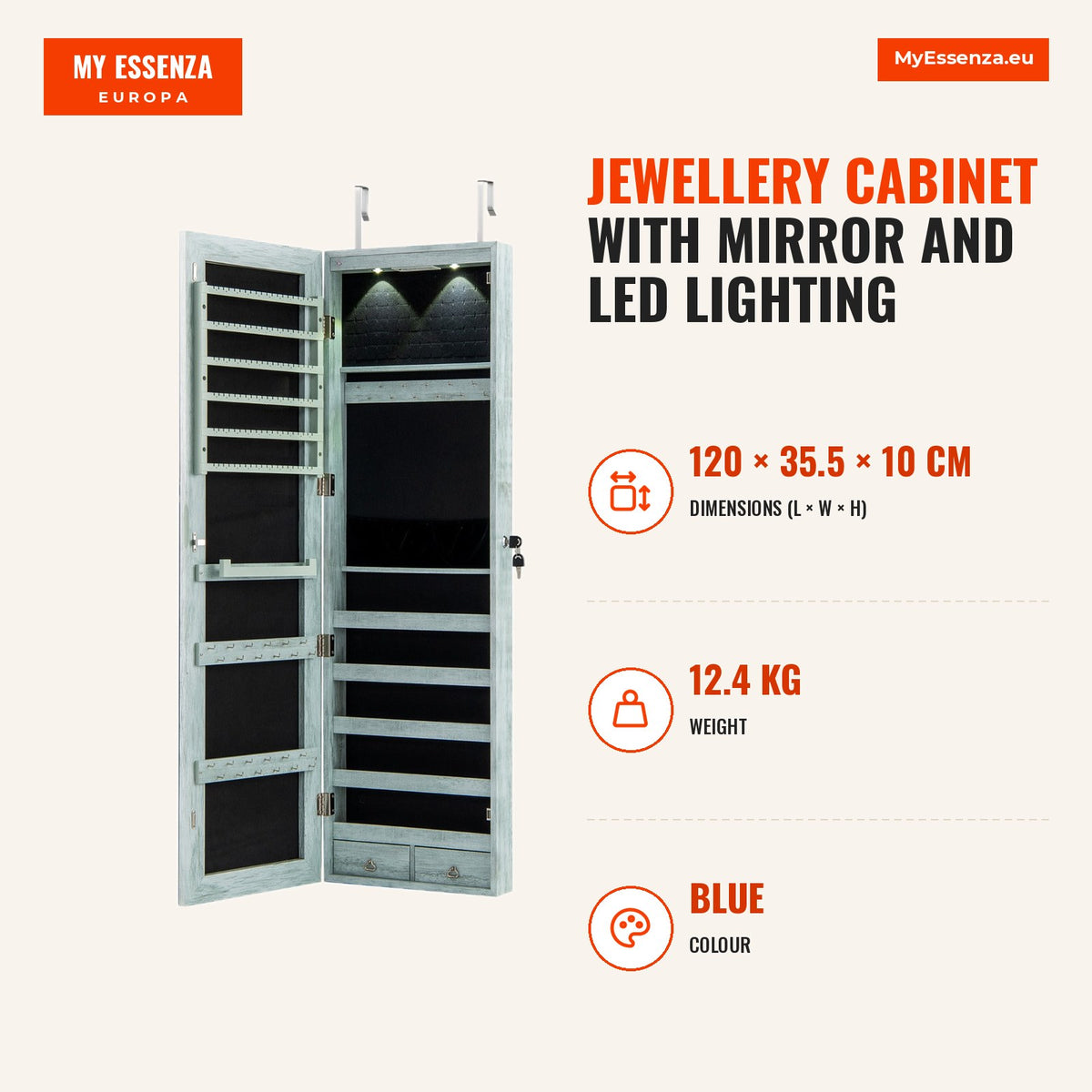 Armário Organizador de Joias com Espelho e Iluminação LED para Parede ou Porta 120 x 35,5 x 10 cm – Azul — Infografia | Infographic — dimensions