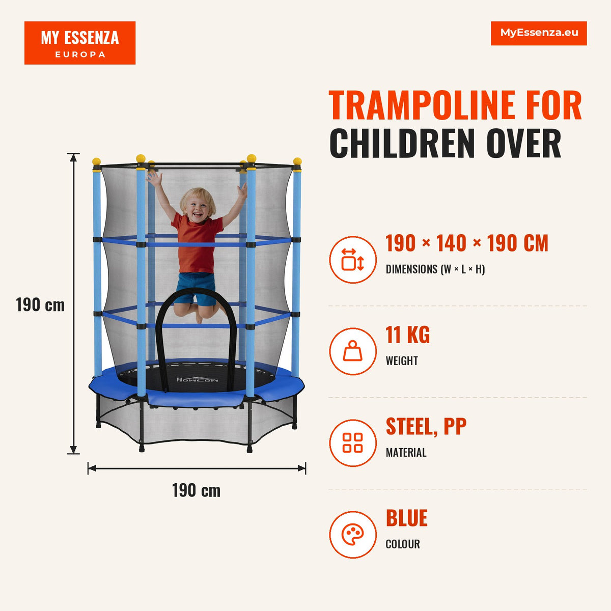Trampolim para Crianças acima de 3 Anos Cama Elástica Infantil com Rede de Segurança e Estrutura de Aço para Interiores e Exteriores Carga 50kg Ø140x1 — Infografia | Infographic — dimensions