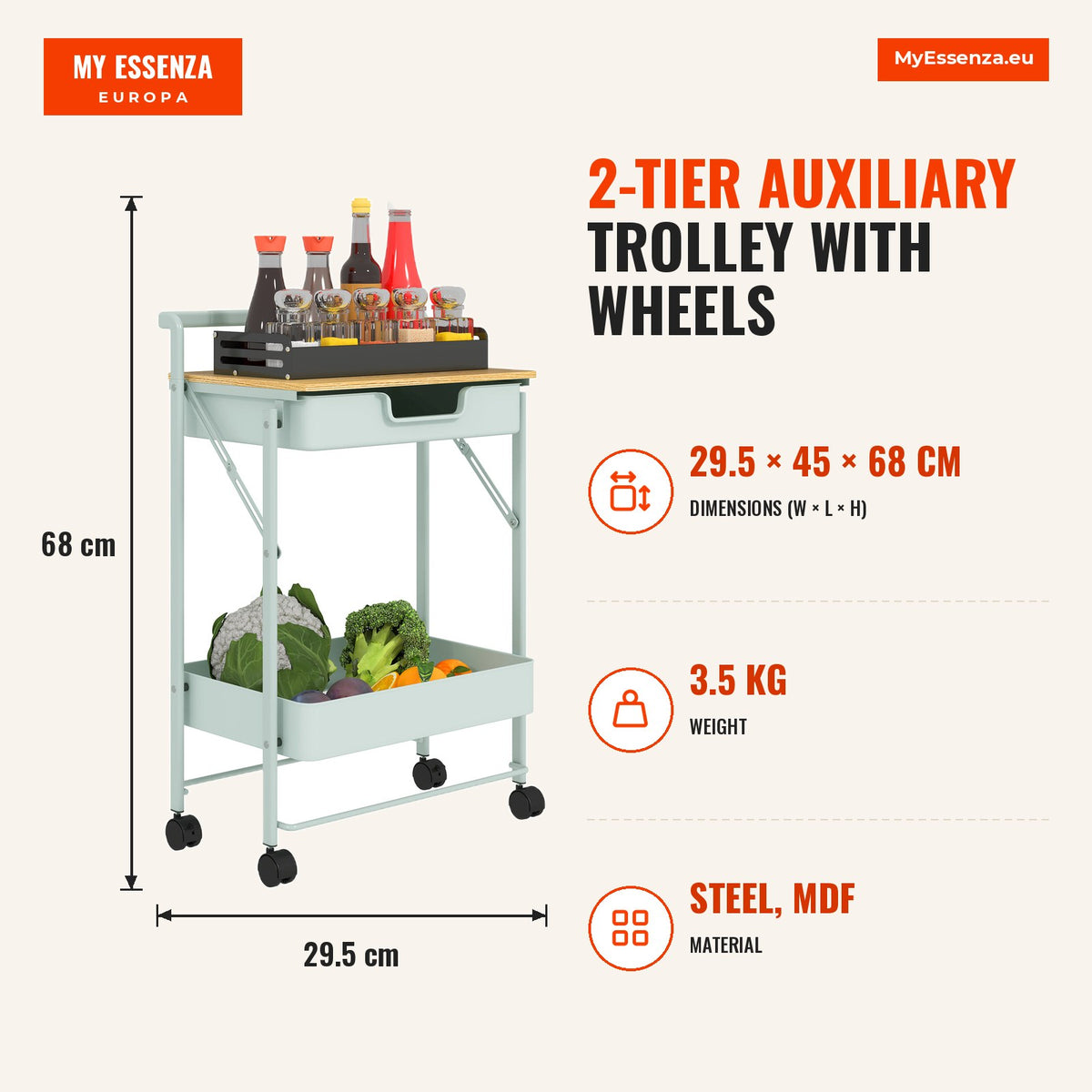 Carrinho Auxiliar com Rodas de 2 Níveis Carrinho de Cozinha com 1 Gaveta e 1 Cesto Carrinho Organizador para Dormitorio Sala Escritório 45x29,5x68 cm  — Infografia | Infographic — dimensions