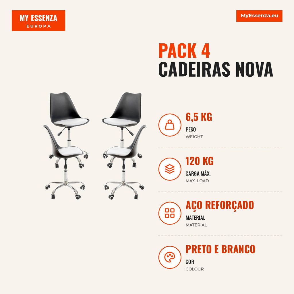 Pack 4 Cadeiras Nova — Preto e Branco — Infografia — medidas