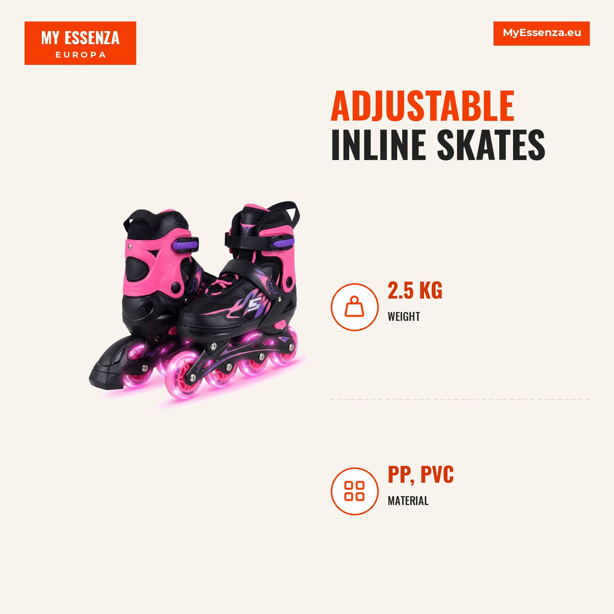 Patins em Linha Ajustáveis 4 Tamanhos com Rodas Iluminadas Proteção Segurança Preto+Rosa — Infografia | Infographic — dimensions