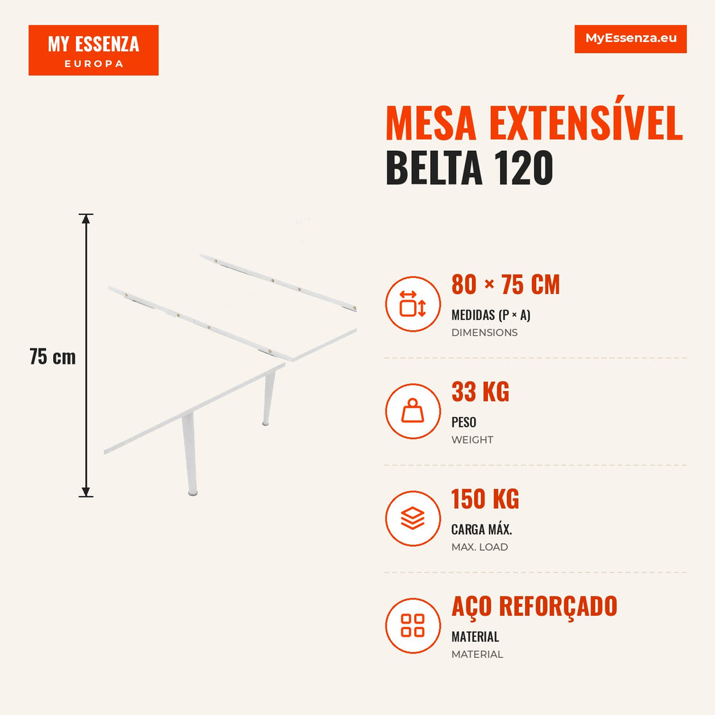 Mesa Extensível Belta 120 - 160cm — Branco — Infografia — medidas