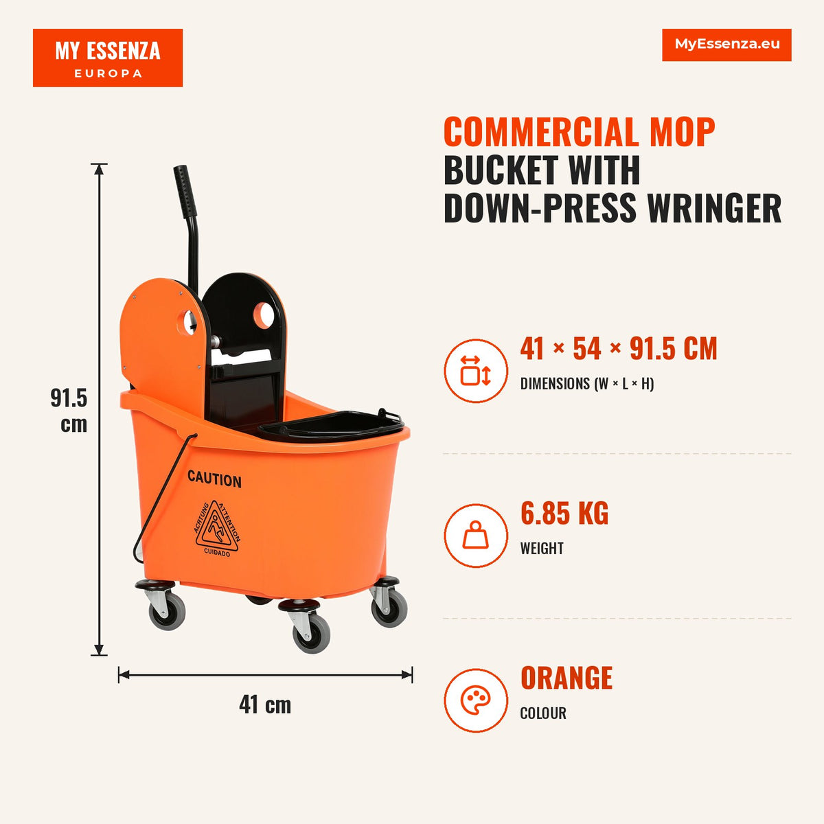 Balde de Esfregona Comercial Balde de Esfregona com Espremedor de Pressão para Baixo Capacidade 36L com 4 Rodas Silenciosas 2 Cubetas Separadas 54x41x — Infografia | Infographic — dimensions