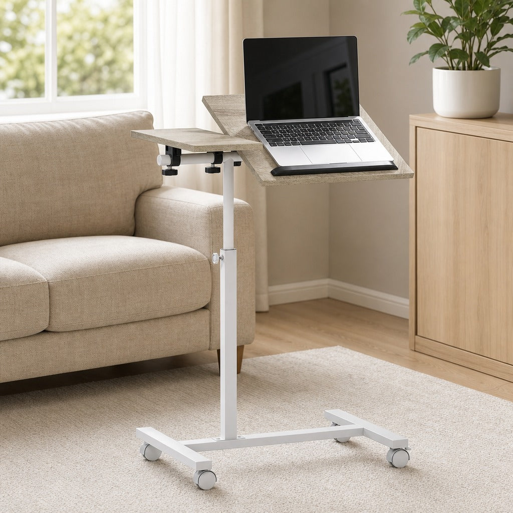 Mesa Auxiliar com Rodas Mesa para Sofá com Altura Ajustável Superfície Inclinável e Estrutura de Metal para Quarto Sala de Estar Escritório 57x40x67,5-101 cm Carvalho e Branco — Ambiente | Lifestyle