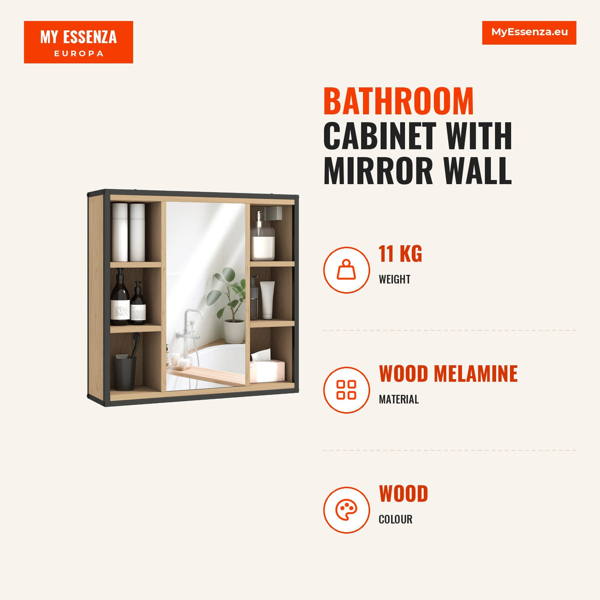 Armário de Casa de Banho com Espelho Armário de Parede com Prateleira Ajustável e 6 Compartimentos Abertos 60x16x58,5 cm Madeira — Infografia | Infographic — dimensions