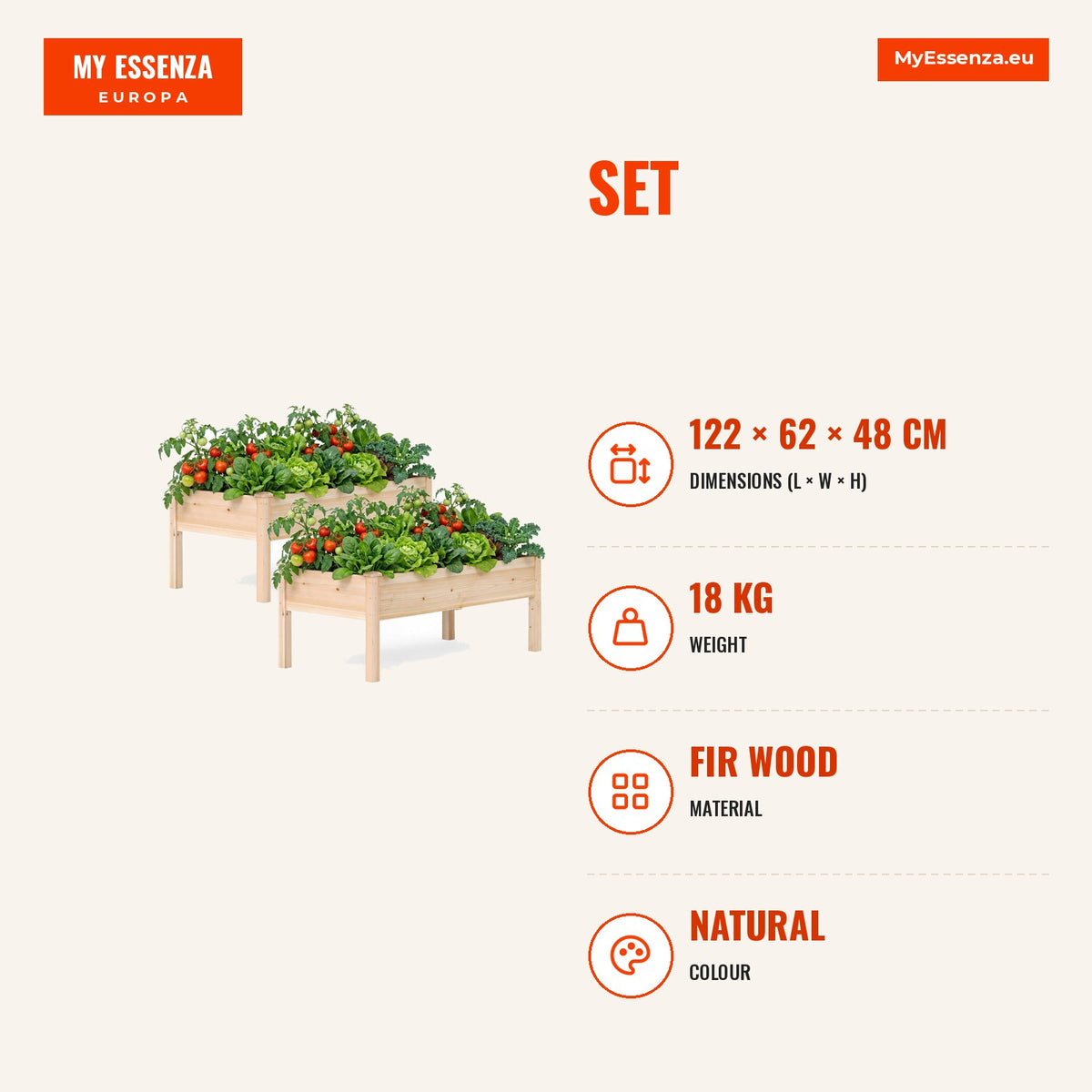 Conjunto de 2 Canteiros Elevados em Madeira de Abeto Natural com Pés para Hortícolas e Flores para Jardim e Varanda — Infografia | Infographic — dimensions