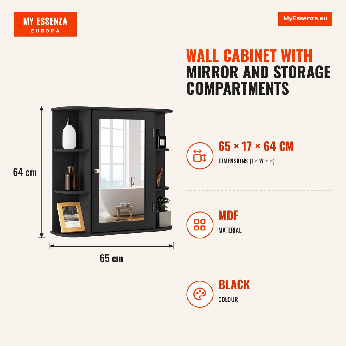 Armário de Parede para Casa com Espelho e Compartimentos de Armazenamento 65 x 17 x 64 cm – Preto — Infografia | Infographic — dimensions