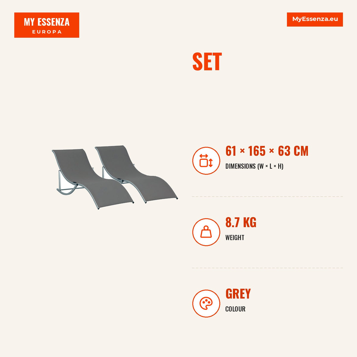 Conjunto 2 Espreguiçadeiras Ergonômicas Dobráveis em Forma de S com Estrutura de Alumínio Textilene para Piscina Pátio Jardim e Varanda 165x61x63cm Ci — Infografia | Infographic — dimensions