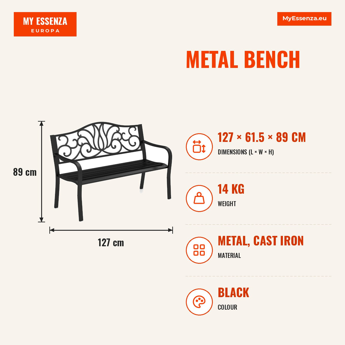 Banco de Metal para 2-3 Pessoas com Padrão Floral e Encosto Inclinado para Exterior — Infografia | Infographic — dimensions