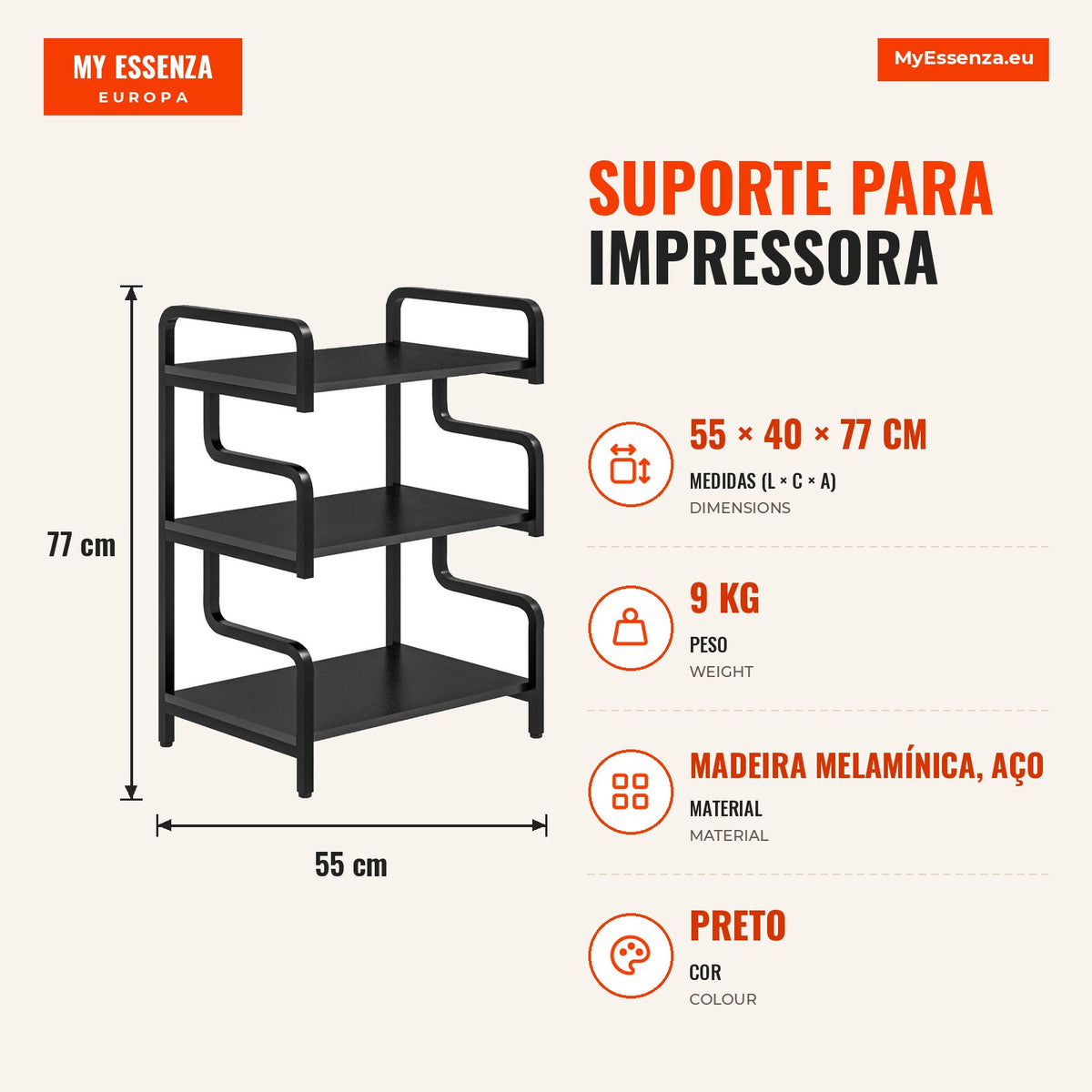 Suporte para Impressora de 3 Níveis com Estrutura em Aço, Estante de Arrumação para Escritório e Casa, 55x40x77 cm, Preto — infografia 1