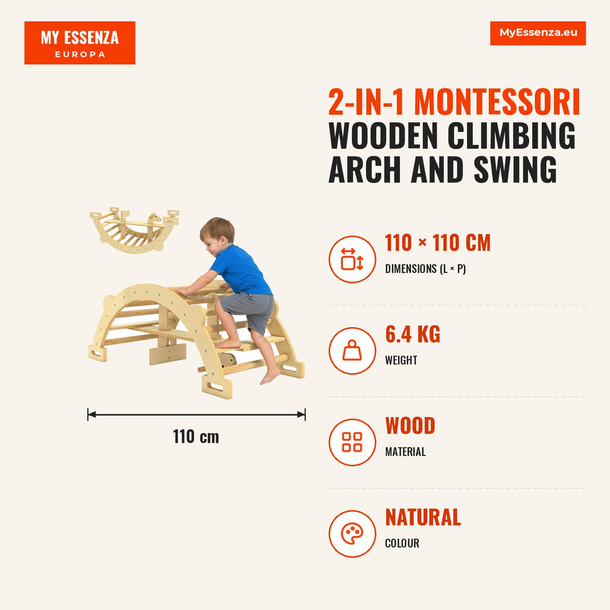 Arco de Escalada 2 em 1 de Madeira e Baloiço Montessori Brinquedo Educativo Interior para Crianças de 2-4 Anos 110x52 cm Madeira — Infografia | Infographic — dimensions