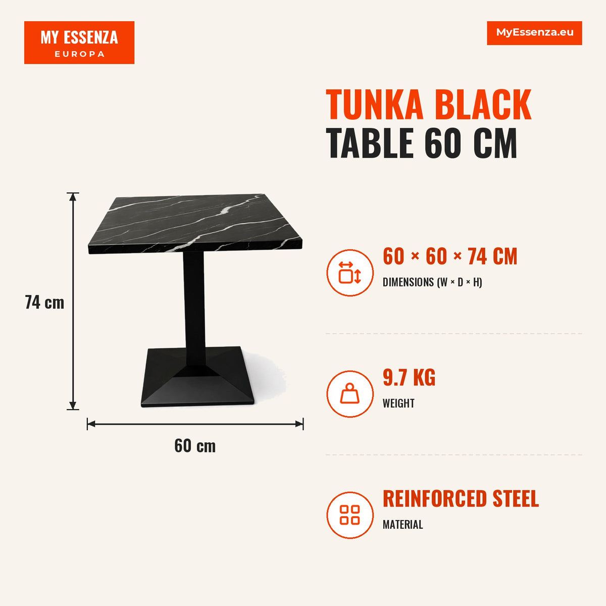 Mesa Tunka Black 60 cm — Mármore Preto — Infografia | Infographic — dimensions