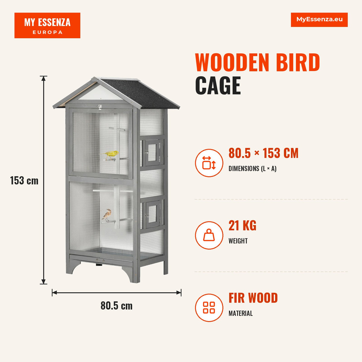 Gaiola para Pássaros Gaiola para Pássaros de Madeira com 3 Portas 4 Poleiros Bandeja Amovível e Teto Asfáltico 80,5x57x153 cm Cinza Claro — Infografia | Infographic — dimensions