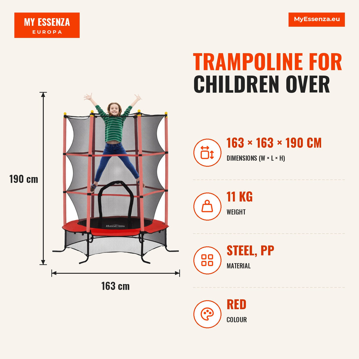 Trampolim para Crianças acima de 3 Anos Cama Elástica Infantil com Rede de Segurança e Estrutura de Aço para Interiores e Exteriores Carga 50 kg Ø163x — Infografia | Infographic — dimensions