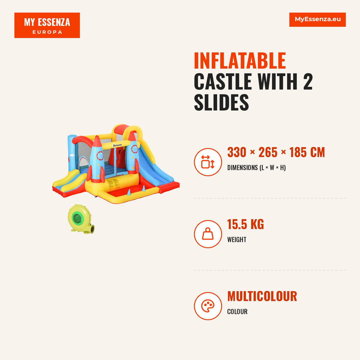 Castelo Insuflável com 2 Escorregas Trampolim e Piscina para Crianças acima de 3 Anos com Inflador e Bolsa de Transporte para Interior Exterior 330x26 — Infografia | Infographic — dimensions