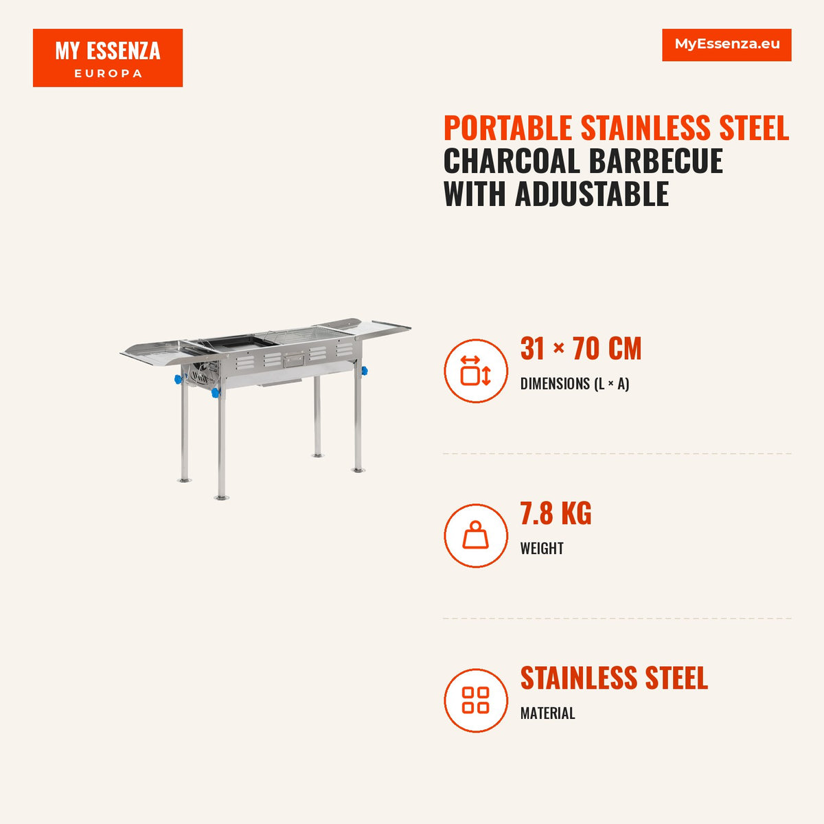 Barbecue a Carvão de Aço Inoxidável Portátil com Altura Ajustável 2 Prateleiras e Grelhas ao Ar Livre para Acampamento Piquenique 120x31x60-70cm Prata — Infografia | Infographic — dimensions
